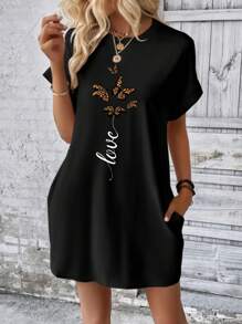 INAWLY Butterfly & Letter Graphic Batwing Sleeve Tee Dress - Black - View 4