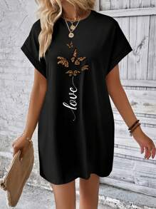 INAWLY Butterfly & Letter Graphic Batwing Sleeve Tee Dress - Black - View 5