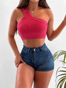 SHEIN PETITE 單肩短款上衣 - 玫紅色 - 查看 3