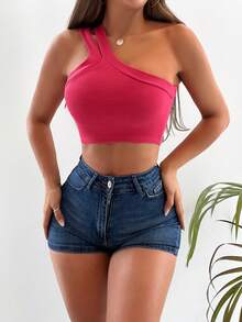 SHEIN PETITE 單肩短款上衣 - 玫紅色 - 查看 4