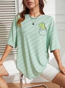 INAWLY Cartoon Graphic Drop Shoulder Tee Graphic Tees Women Tops