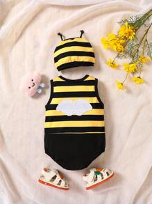 SHEIN Persoplay Kids Baby Boy Striped Print Patched Detail Bodysuit & Hat