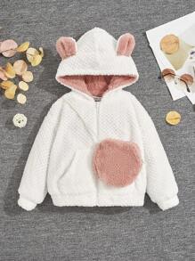 SHEIN Young Girl 3D Ears Design Hooded Teddy Jacket With Bag - White - View 5