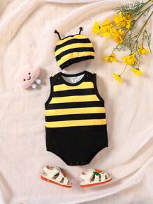 SHEIN Persoplay Kids Baby Boy Striped Print Patched Detail Bodysuit & Hat