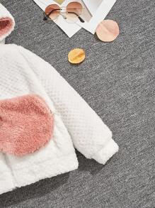 SHEIN Young Girl 3D Ears Design Hooded Teddy Jacket With Bag - White - View 3