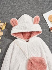 SHEIN Young Girl 3D Ears Design Hooded Teddy Jacket With Bag - White - View 4