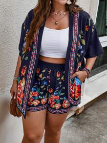 SHEIN Clasi Plus Floral Print Kimono & Shorts - Navy Blue - View 3