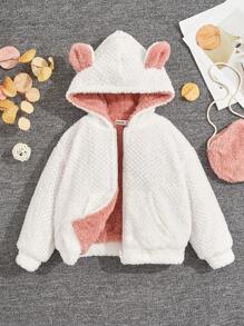 SHEIN Young Girl 3D Ears Design Hooded Teddy Jacket With Bag - White - View 1