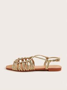 Vacation Gold Sandals For Women, Metallic Braided Detail Slingback Sandals