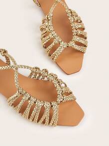 Vacation Gold Sandals For Women, Metallic Braided Detail Slingback Sandals