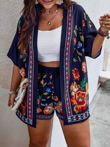 SHEIN Clasi Plus Floral Print Kimono & Shorts - Navy Blue - View 5