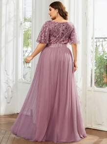 EVERPRETTY Plus Romantic Mesh Contrast Sequin Bodice Mesh Dusty Pink Bridesmaid Dresses Evening Dresses Spring Summer Formal Dress For Party Valentines Day - Dusty Pink - View 3