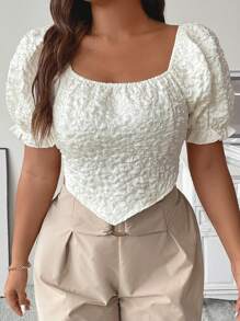 SHEIN Clasi 大碼大圓領泡泡袖手帕下擺襯衫 - 米色 - 查看 3