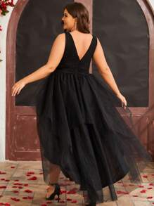 Plus Plunge Neck High Low Hem Mesh Dress - Black - View 3