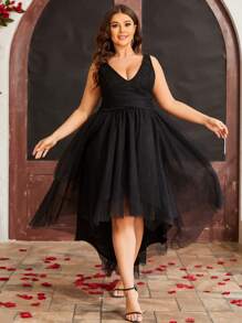 Plus Plunge Neck High Low Hem Mesh Dress - Black - View 4