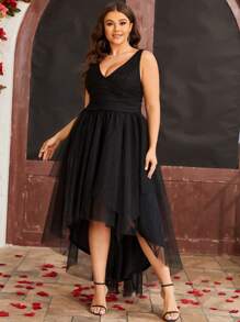Plus Plunge Neck High Low Hem Mesh Dress - Black - View 5