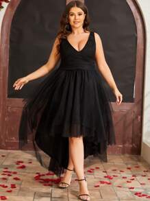 Plus Plunge Neck High Low Hem Mesh Dress - Black - View 6