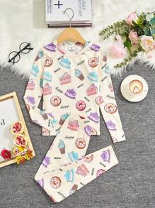 SHEIN Leap Crew Tween Girl Cartoon Graphic Tee & Pants Snug Fit PJ Set - Multicolor - View 1