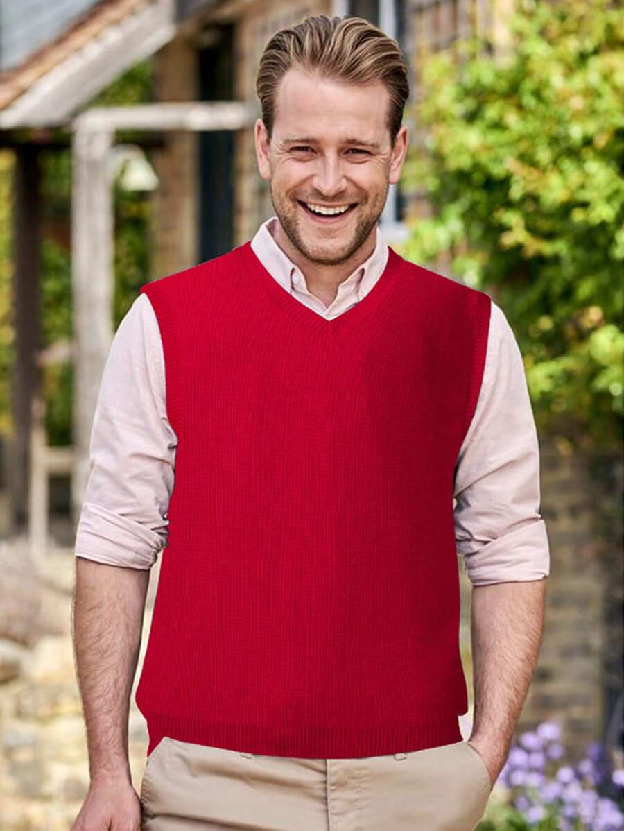Men Solid V-neck Sweater Vest Without Shirt - Red - View 1