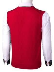 Men Solid V-neck Sweater Vest Without Shirt - Red - View 2
