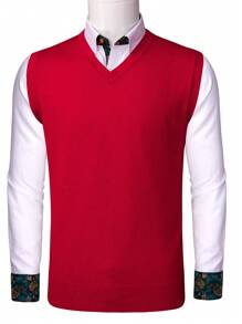 Men Solid V-neck Sweater Vest Without Shirt - Red - View 3