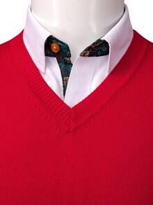 Men Solid V-neck Sweater Vest Without Shirt - Red - View 6