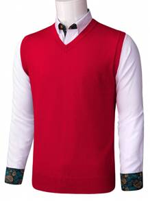 Men Solid V-neck Sweater Vest Without Shirt - Red - View 7