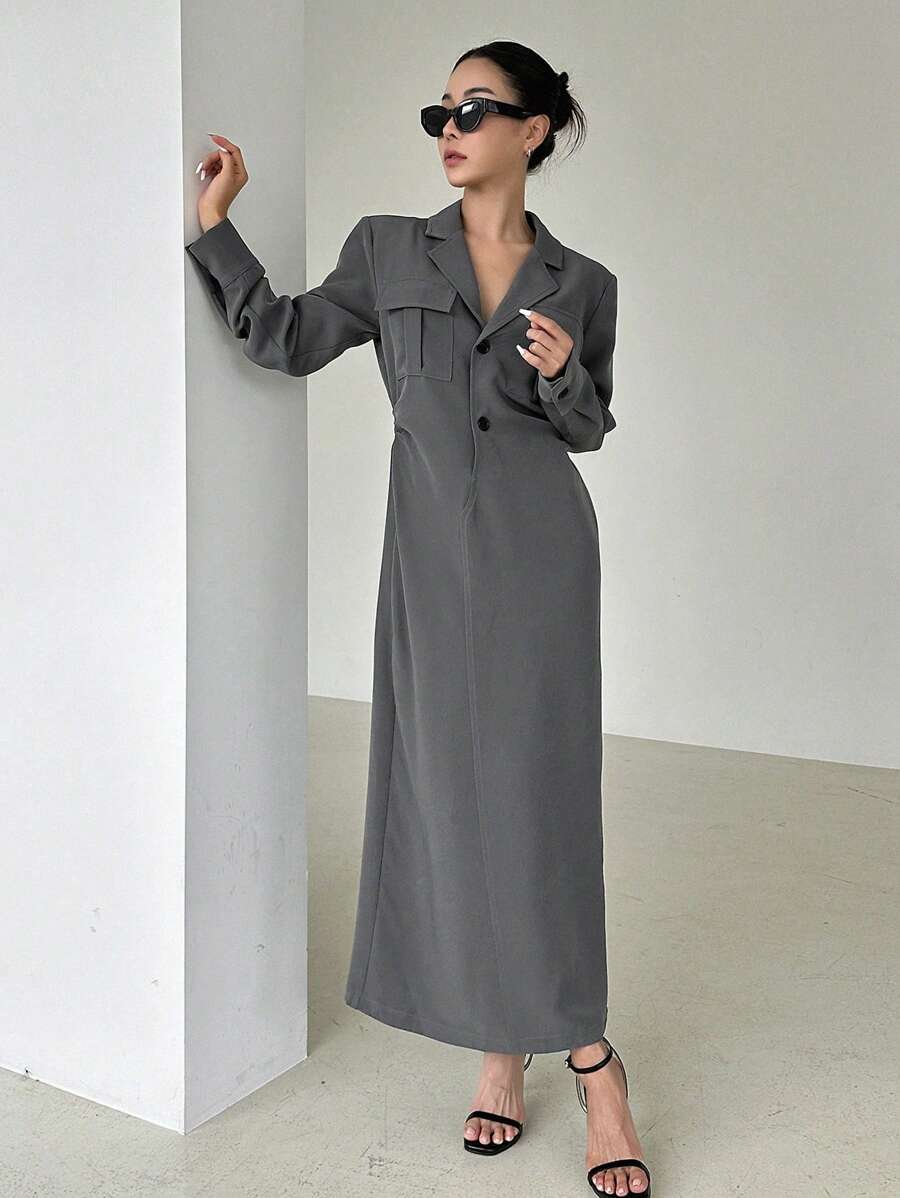 DAZY Cổ áo Túi có nắp Váy sơ mi - Xám - Xem 1