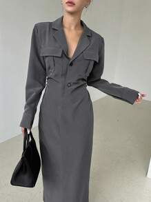 DAZY Cổ áo Túi có nắp Váy sơ mi - Xám - Xem 6