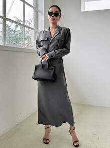 DAZY Cổ áo Túi có nắp Váy sơ mi - Xám - Xem 8