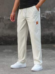 Manfinity Homme 男士字母補丁細節腰部抽繩直筒褲 - 米色 - 查看 1