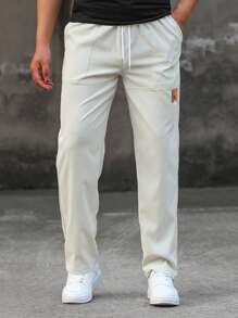 Manfinity Homme 男士字母補丁細節腰部抽繩直筒褲 - 米色 - 查看 3