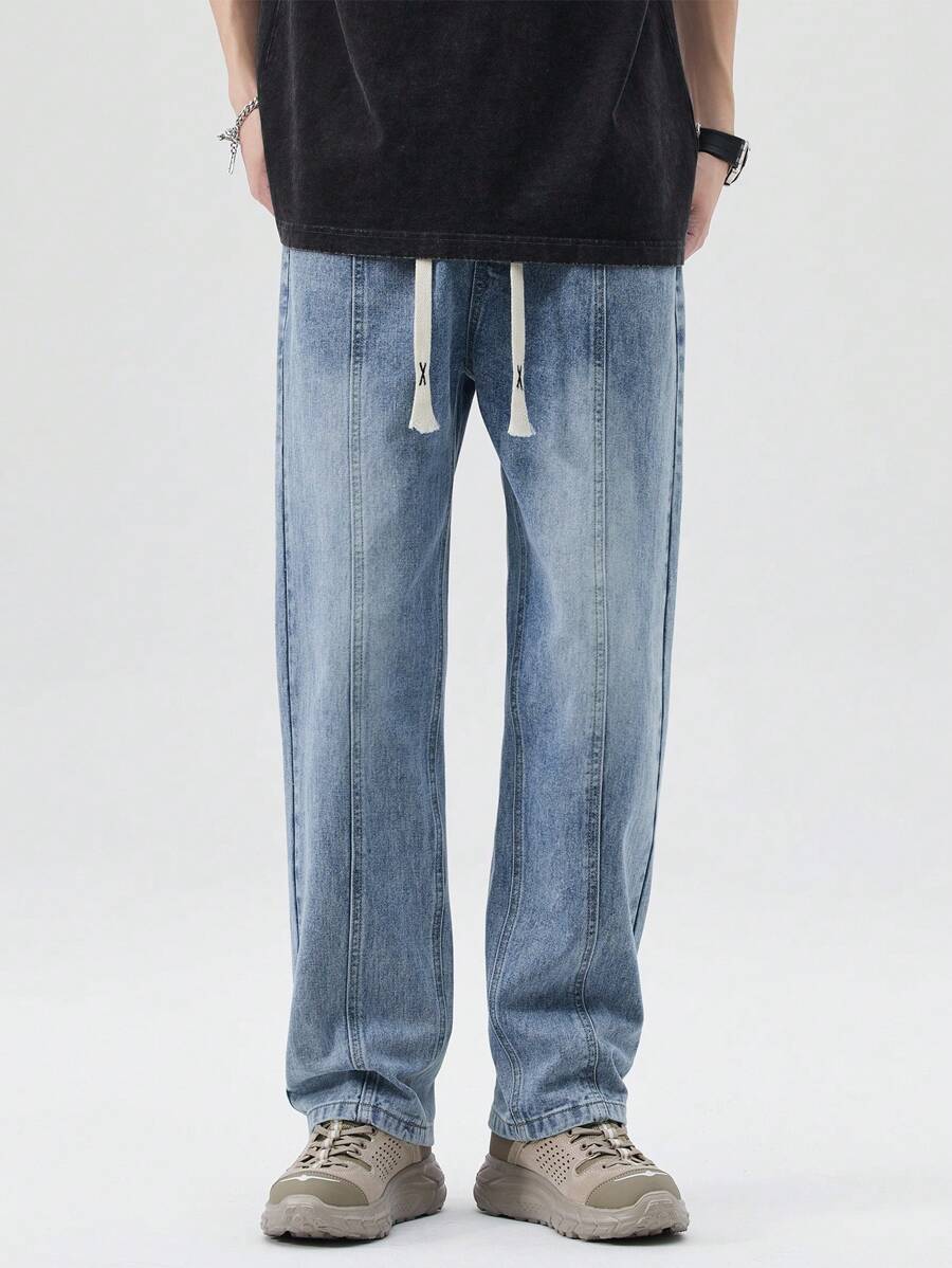 Men Drawstring Waist Straight Leg Jeans - Medium Wash - View 1