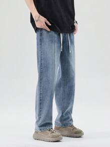 Men Drawstring Waist Straight Leg Jeans - Medium Wash - View 3