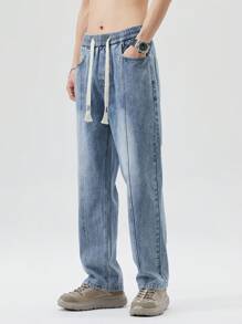 Men Drawstring Waist Straight Leg Jeans - Medium Wash - View 4