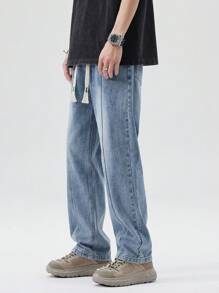 Men Drawstring Waist Straight Leg Jeans - Medium Wash - View 5