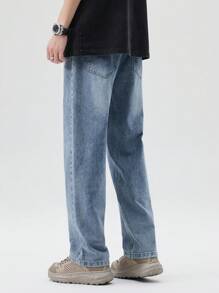 Men Drawstring Waist Straight Leg Jeans - Medium Wash - View 6