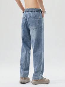 Men Drawstring Waist Straight Leg Jeans - Medium Wash - View 8