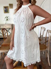 Calvaya Plus Eyelet Embroidery Halter Neck Dress, Summer - White - View 3