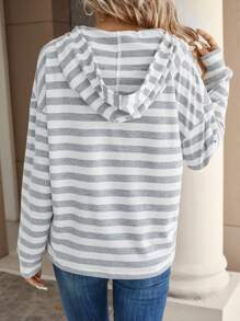 SHEIN LUNE In sọc Nút Nửa Thả vai Dây rút Hoodie - Xám - Xem 2