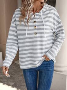 SHEIN LUNE In sọc Nút Nửa Thả vai Dây rút Hoodie - Xám - Xem 4
