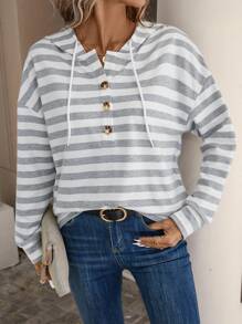 SHEIN LUNE In sọc Nút Nửa Thả vai Dây rút Hoodie - Xám - Xem 3