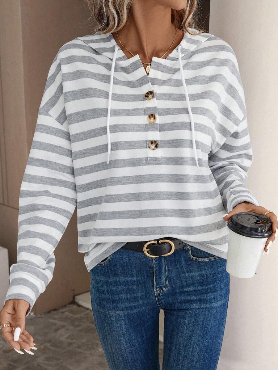 SHEIN LUNE In sọc Nút Nửa Thả vai Dây rút Hoodie - Xám - Xem 1