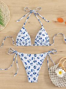 Cherry Print Halter Triangle Tie Side Bikini Set - Blue and White - View 1