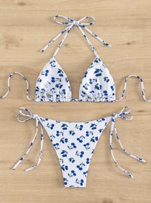 Cherry Print Halter Triangle Tie Side Bikini Set - Blue and White - View 2