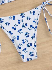 Cherry Print Halter Triangle Tie Side Bikini Set - Blue and White - View 4