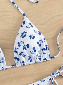 Cherry Print Halter Triangle Tie Side Bikini Set - Blue and White - View 5