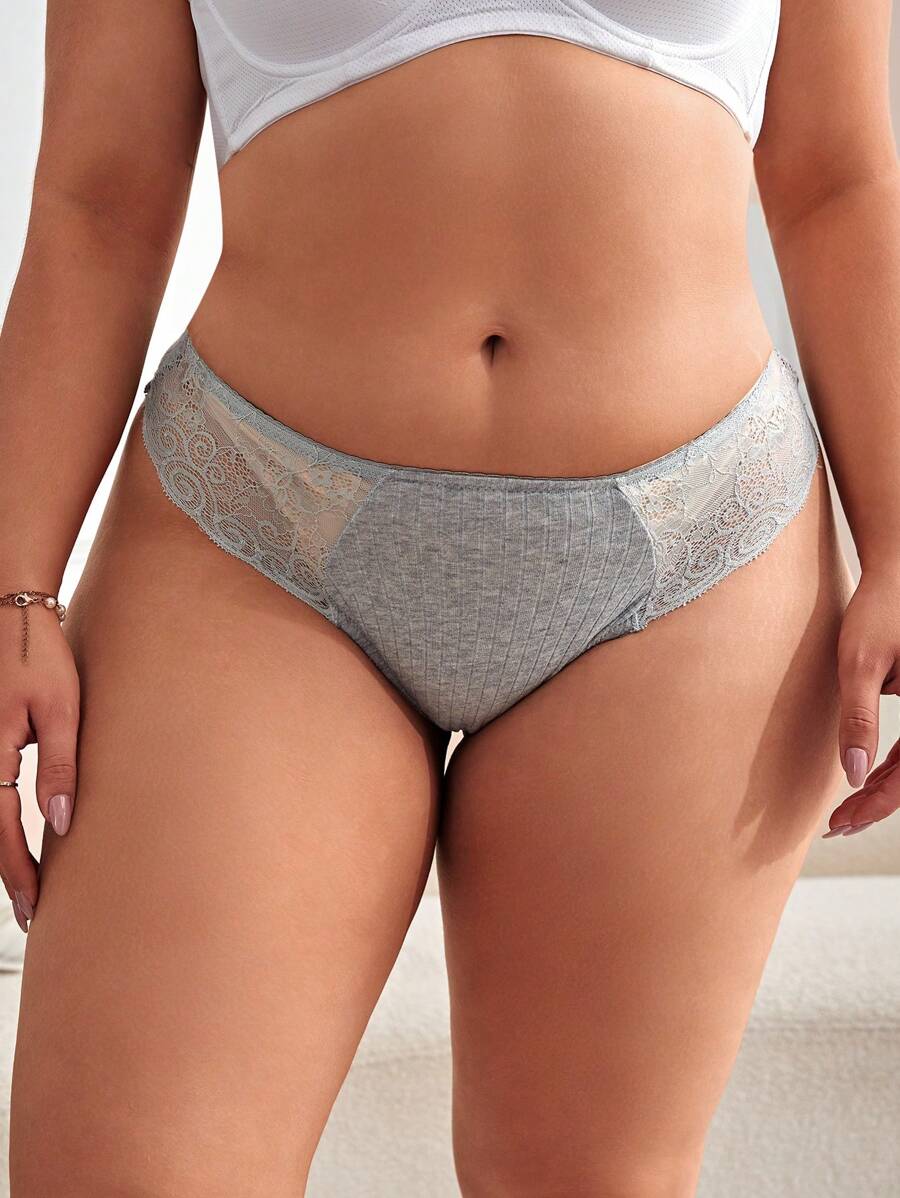 大碼蕾絲拼接內褲 - 淺灰色 - 查看 1