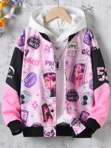 SHEIN 女大童字母人物圖案落肩袖學院風夾克 - 彩色 - 查看 1