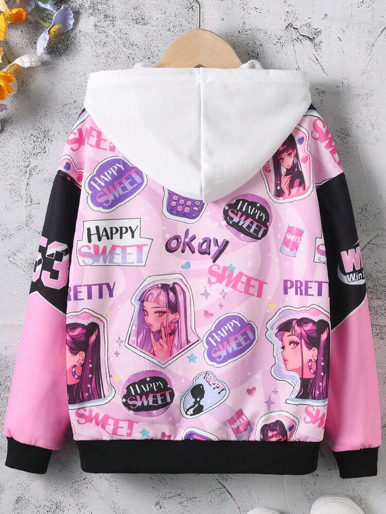 SHEIN 女大童字母人物圖案落肩袖學院風夾克 - 彩色 - 查看 2
